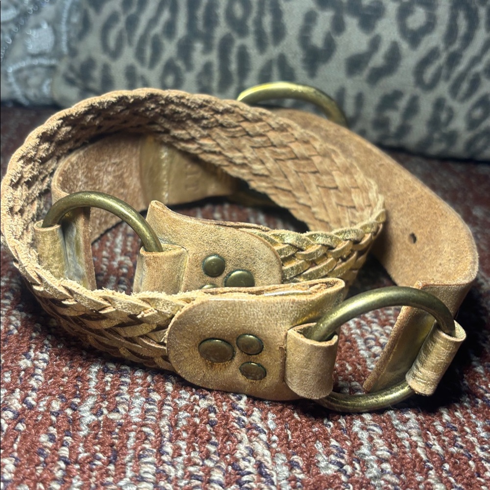 Mixit Tan Leather Belt with Gold Buckle gold metallic braided leather western - Picture 3 of 14